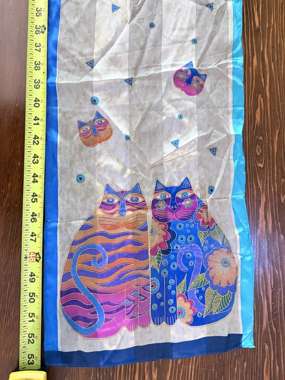 Laurel Burch Silk Scarf Vintage Cat Art Whimsical Feline Oblong 11x53 Blue⁠
